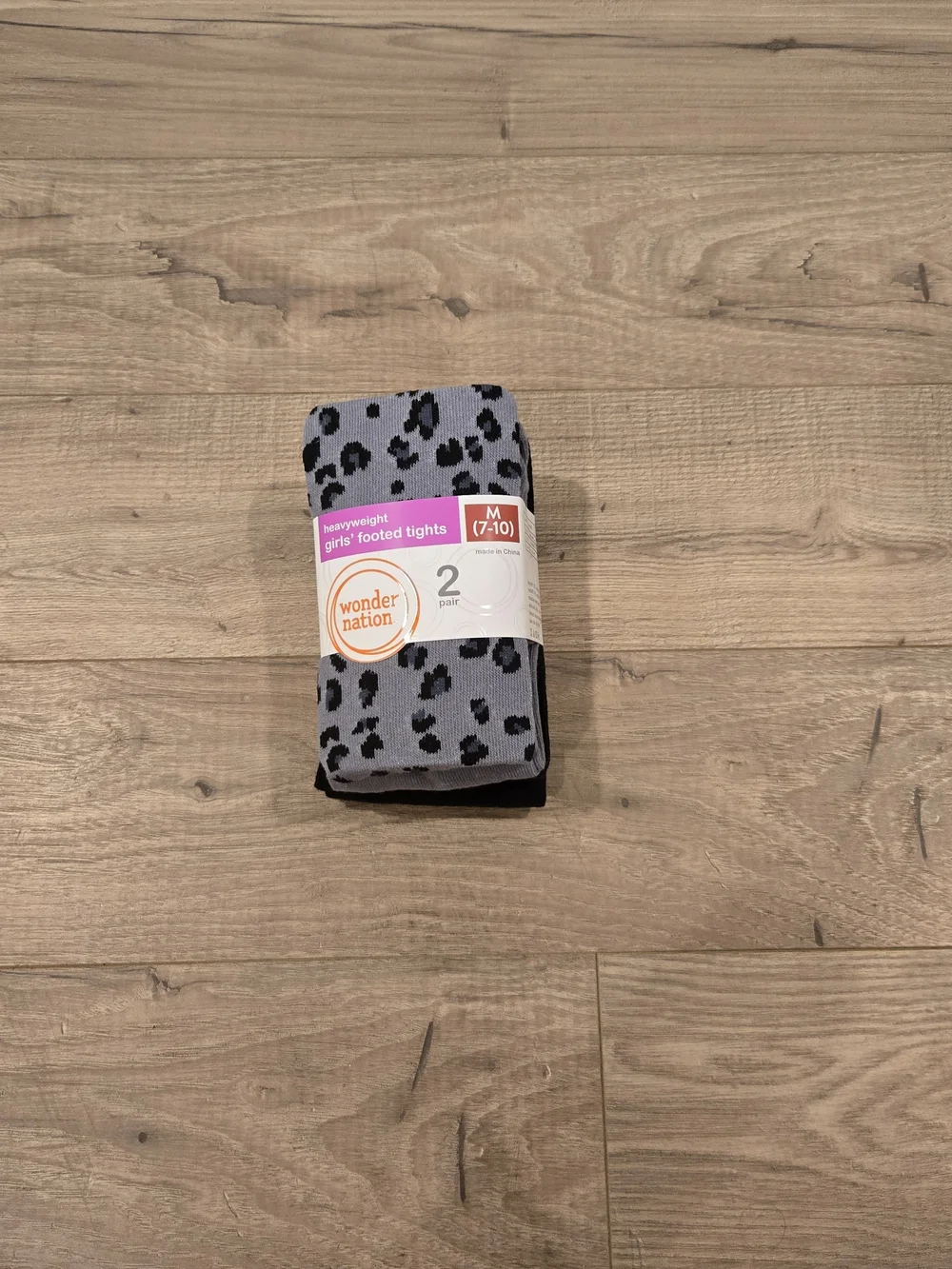 🌻 🐆 NWT Girls Footed Tights 2-Pack Grey Cheetah Print & Black Size M (7-10)